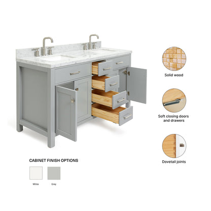 Alenza 60-inch Grey bathroom vanity on feature highlights: solid wood frame, soft-close doors and drawers, Sherwin-Williams paint finish
