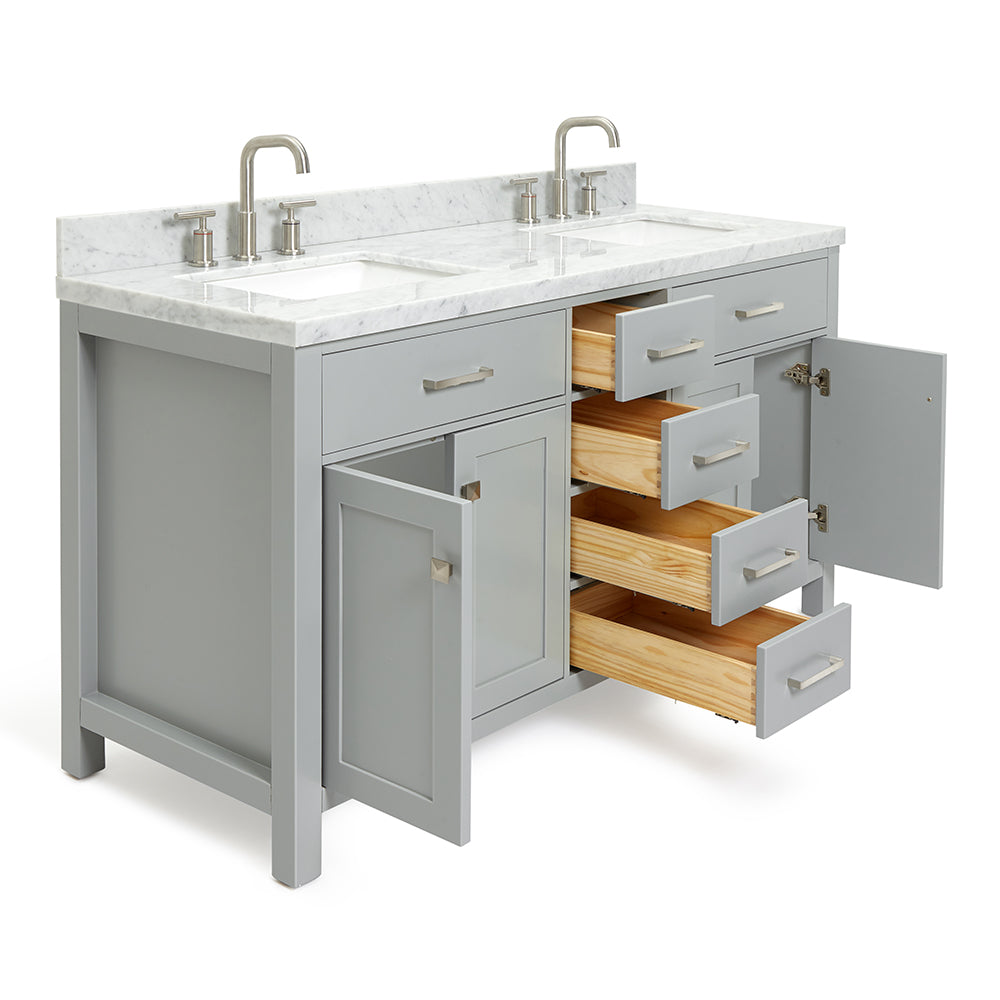 Alenza 60-inch Grey bathroom vanity on white back ground side view open door