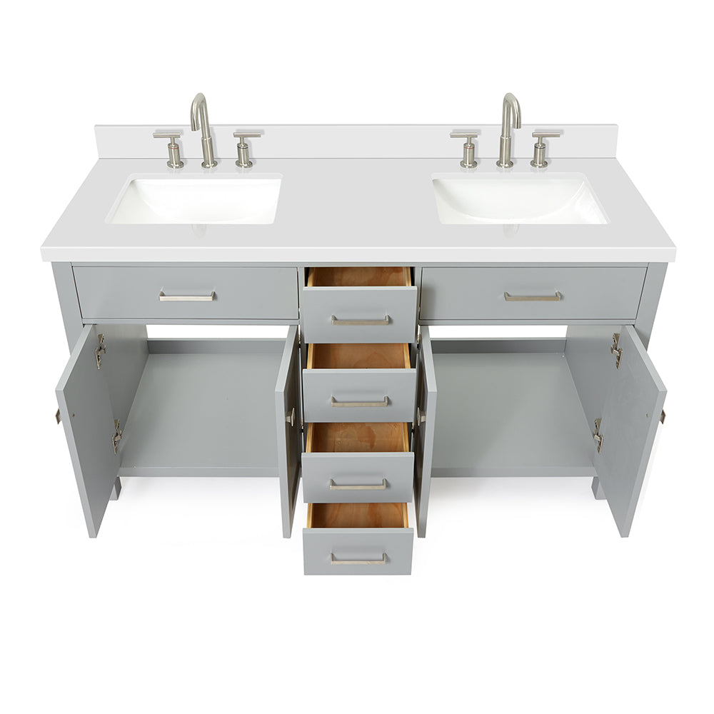 Alenza 60-inch Grey bathroom vanity on white back ground front view open door