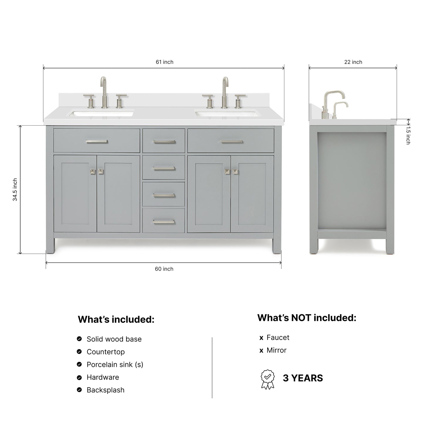 Alenza 60-inch Grey bathroom vanity on dimensions