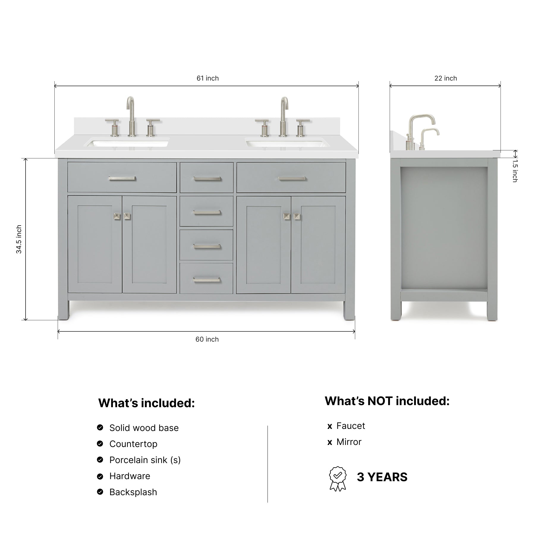 Alenza 60-inch Grey bathroom vanity on dimensions