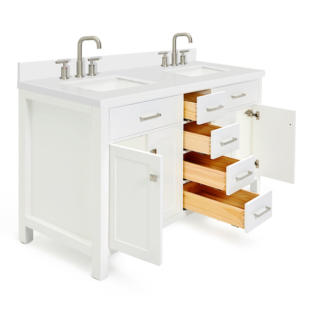 Alenza 60-inch White bathroom vanity on white back ground side view open door