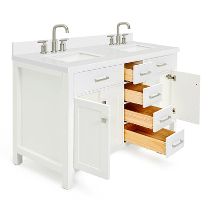 Alenza 60-inch White bathroom vanity on white back ground side view open door