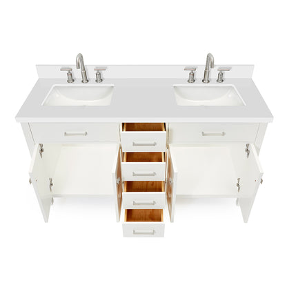 Alenza 60-inch White bathroom vanity on white back ground front view open door