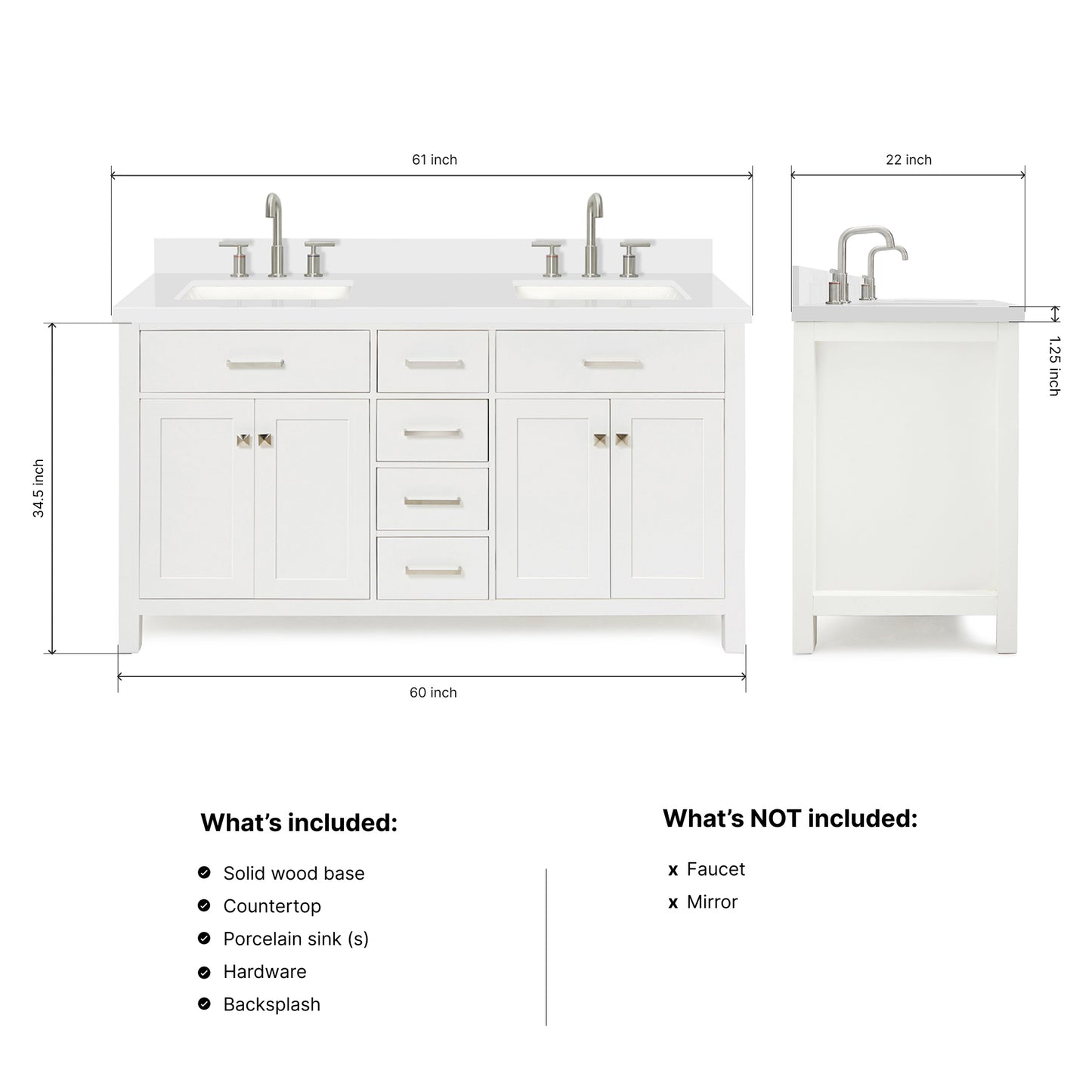 Alenza 60-inch White bathroom vanity on dimensions