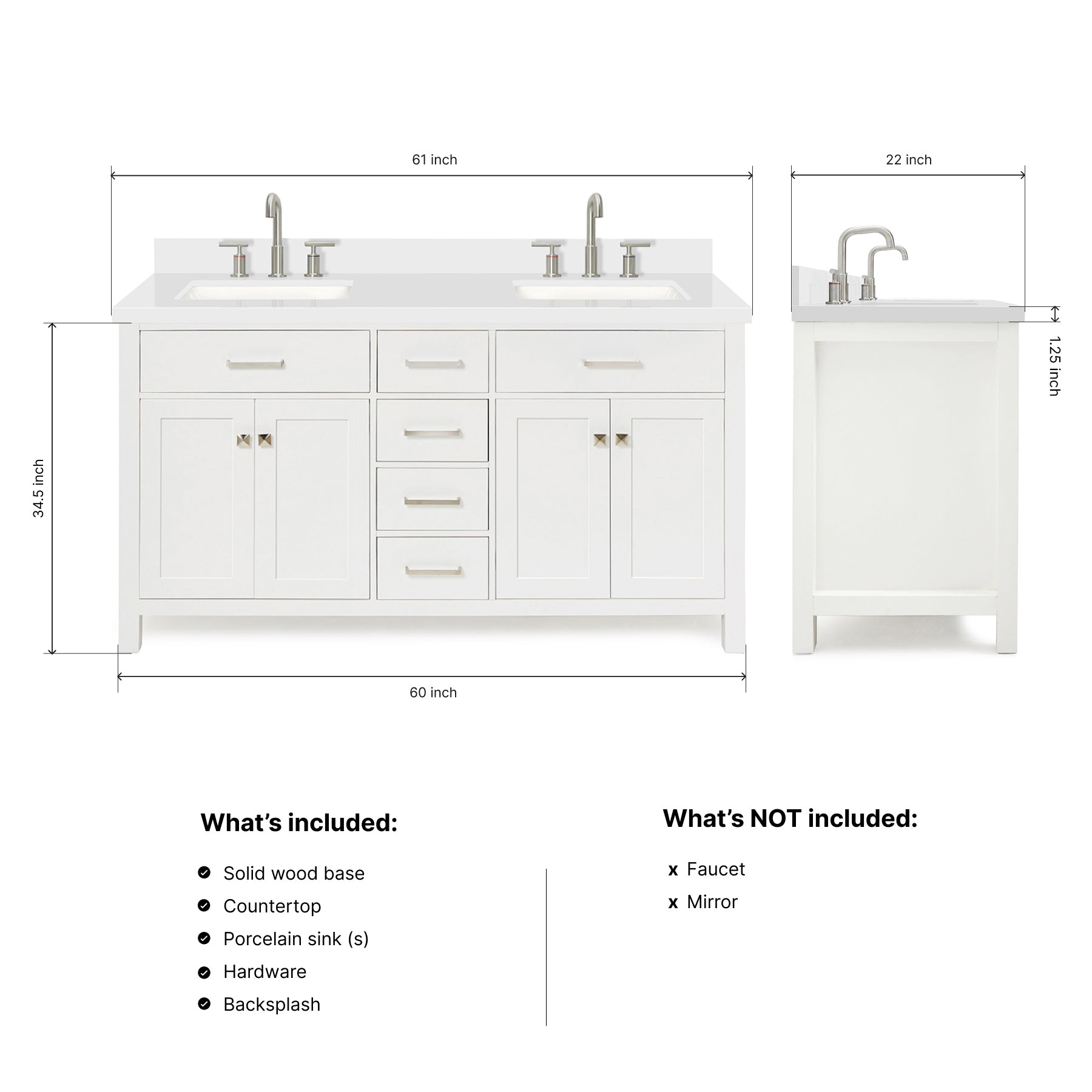 Alenza 60-inch White bathroom vanity on dimensions