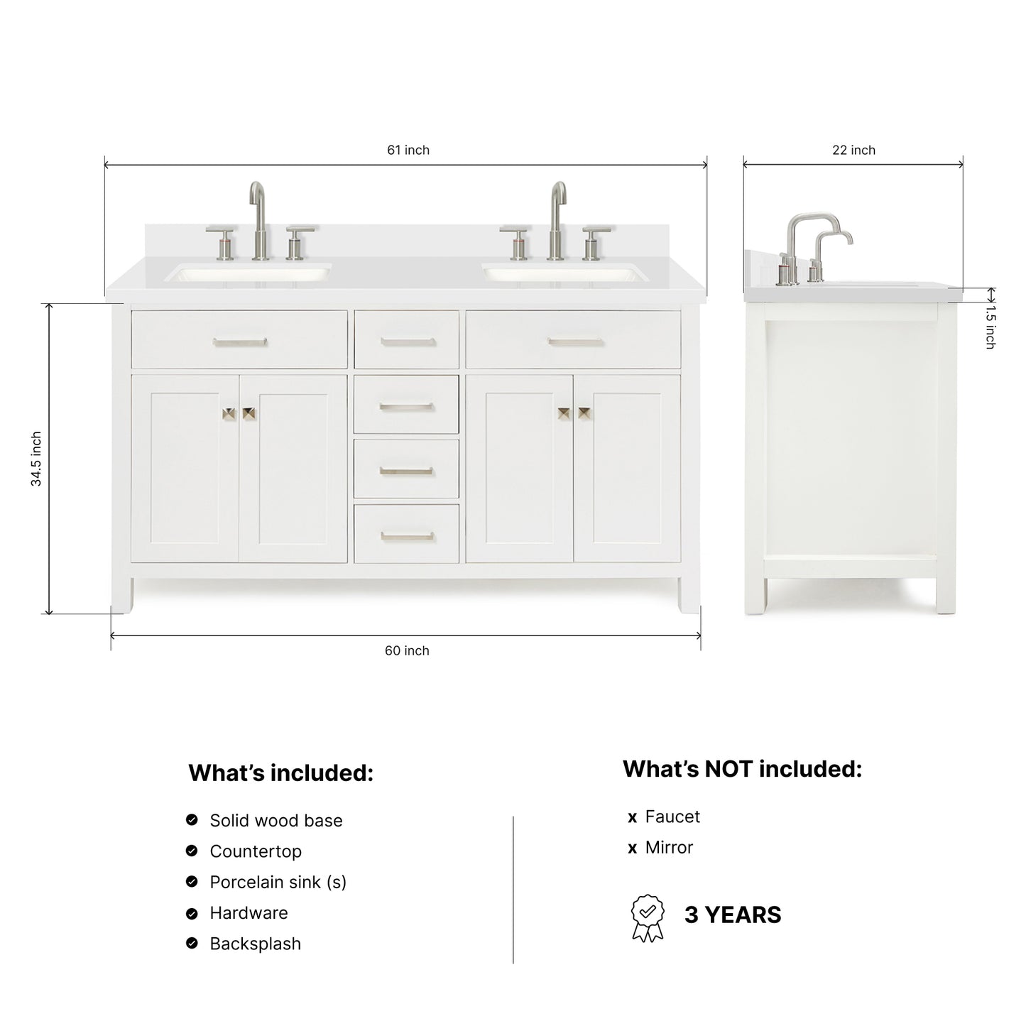 Alenza 60-inch White bathroom vanity on dimensions