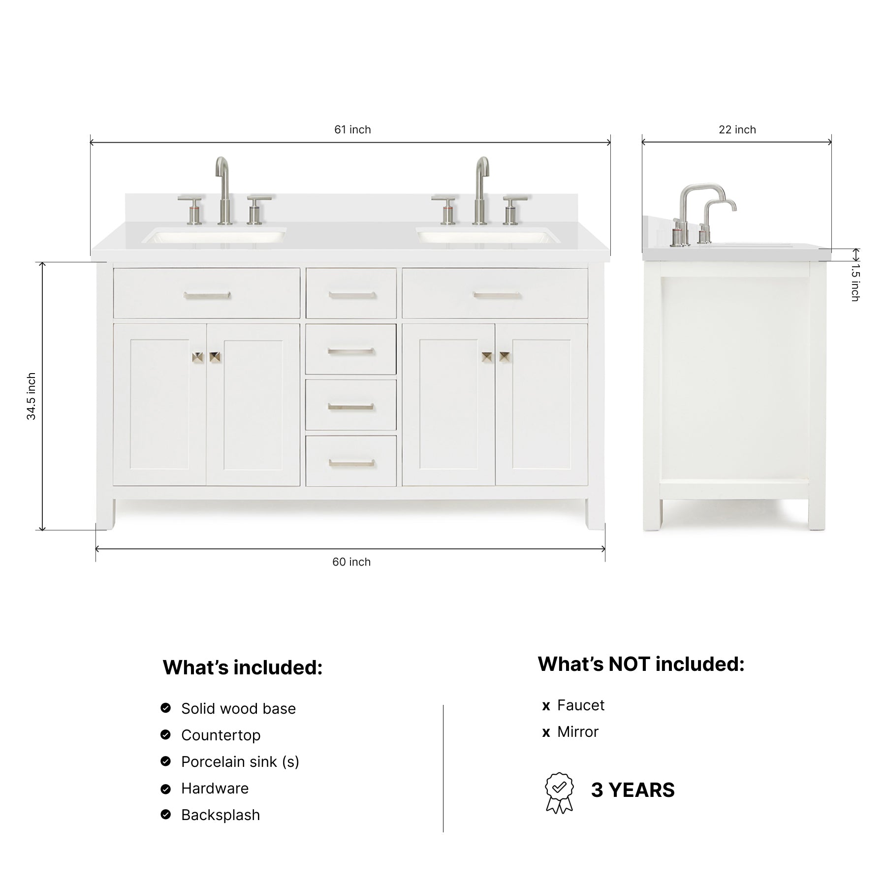 Alenza 60-inch White bathroom vanity on dimensions