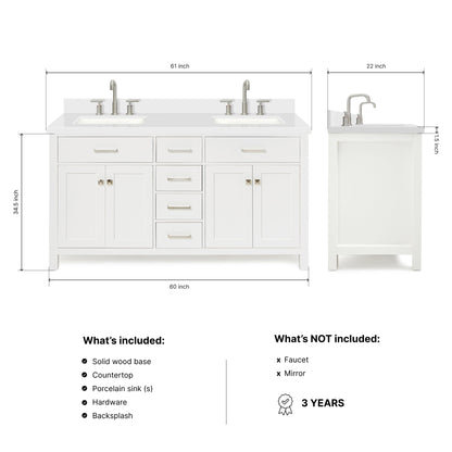 Alenza 60-inch White bathroom vanity on dimensions