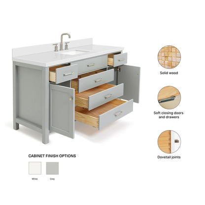 Alenza 60-inch Grey bathroom vanity on feature highlights: solid wood frame, soft-close doors and drawers, Sherwin-Williams paint finish