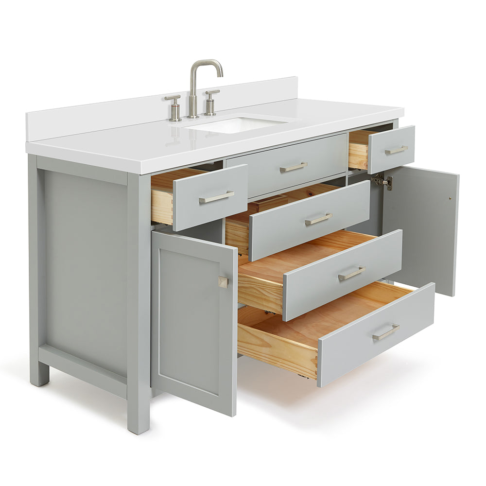 Alenza 60-inch Grey bathroom vanity on white back ground side view open door