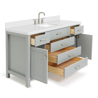 Alenza 60-inch Grey bathroom vanity on white back ground side view open door