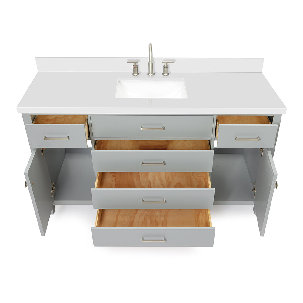 Alenza 60-inch Grey bathroom vanity on white back ground front view open door