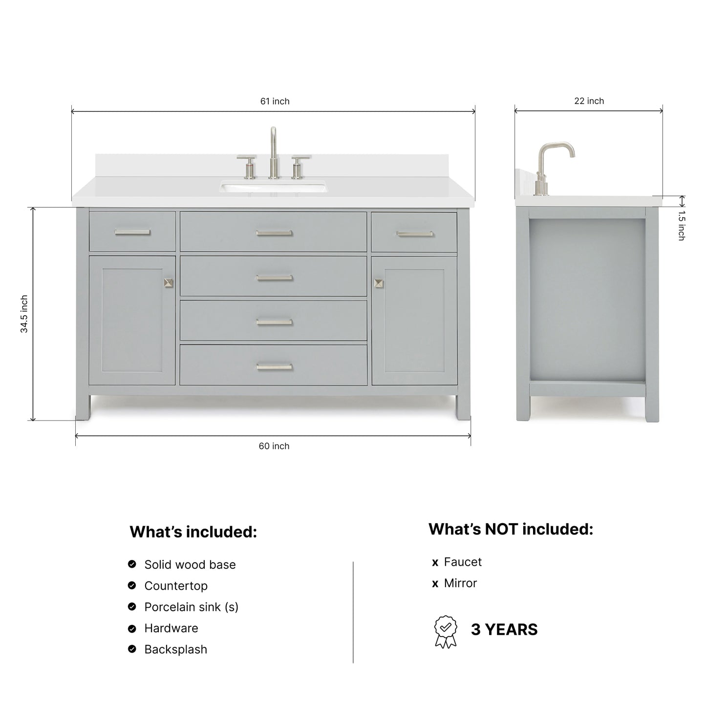 Alenza 60-inch Grey bathroom vanity on dimensions