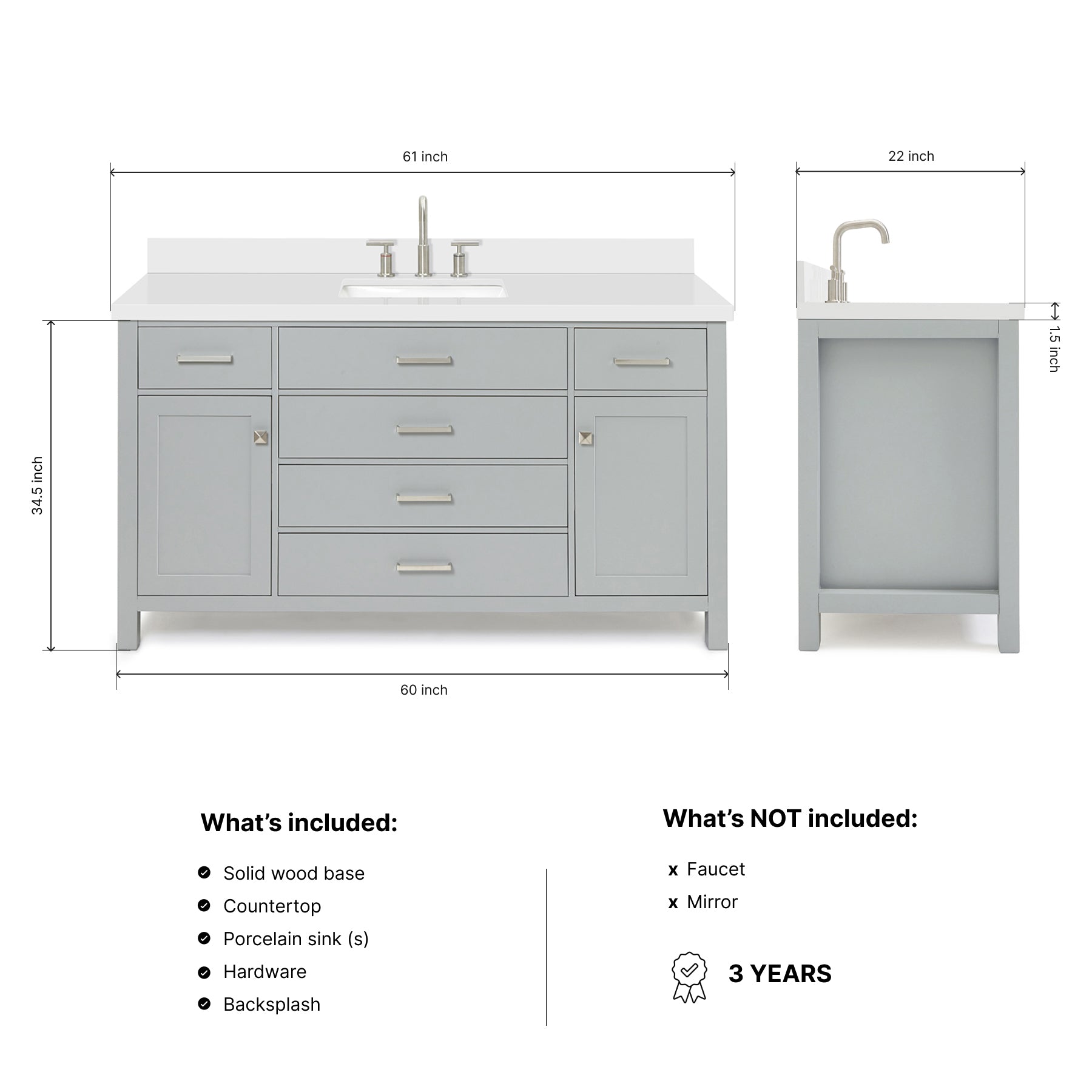 Alenza 60-inch Grey bathroom vanity on dimensions
