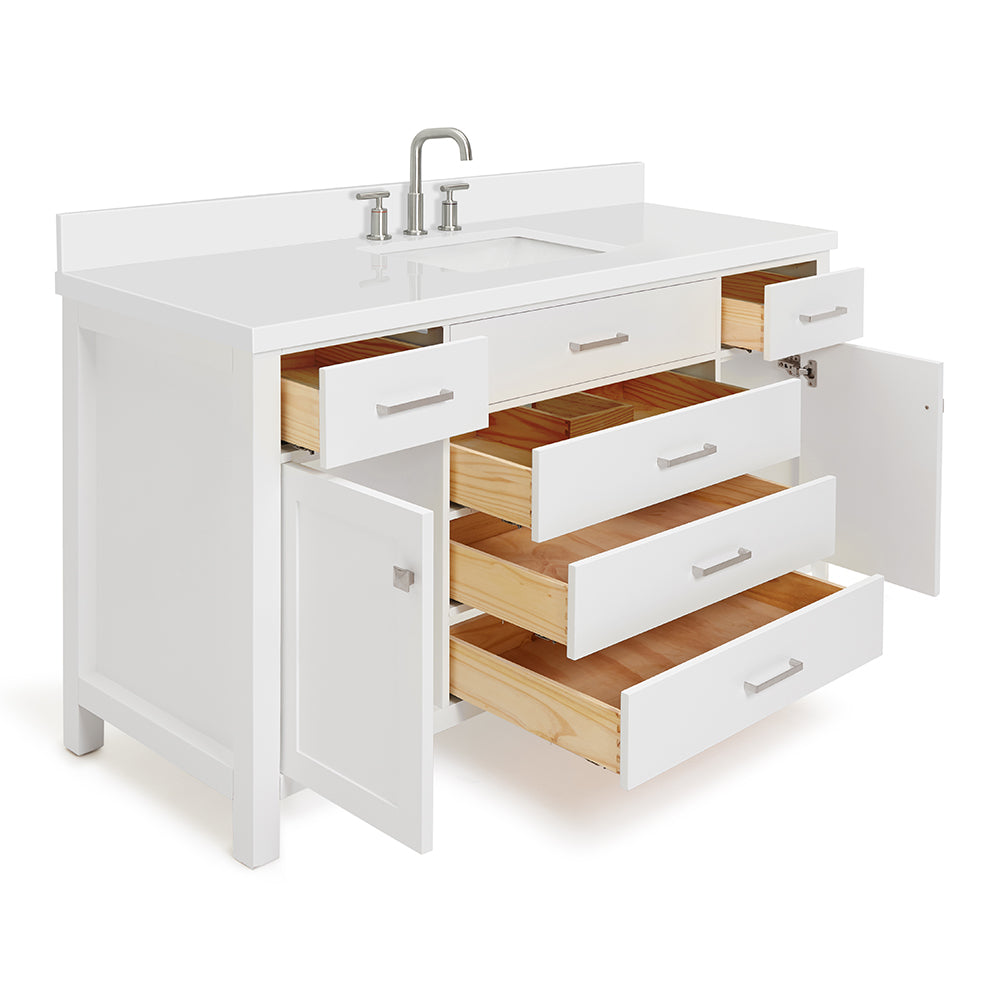 Alenza 60-inch White bathroom vanity on white back ground side view open door