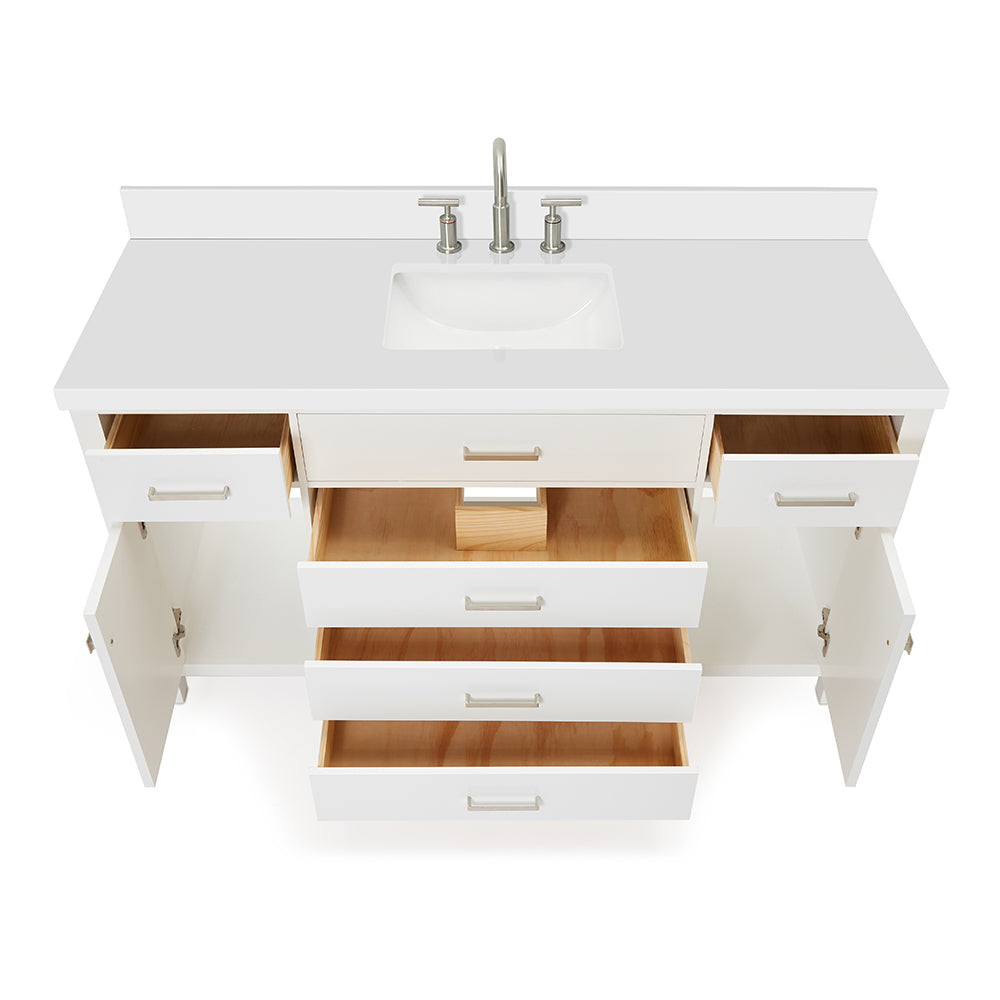 Alenza 60-inch White bathroom vanity on white back ground front view open door