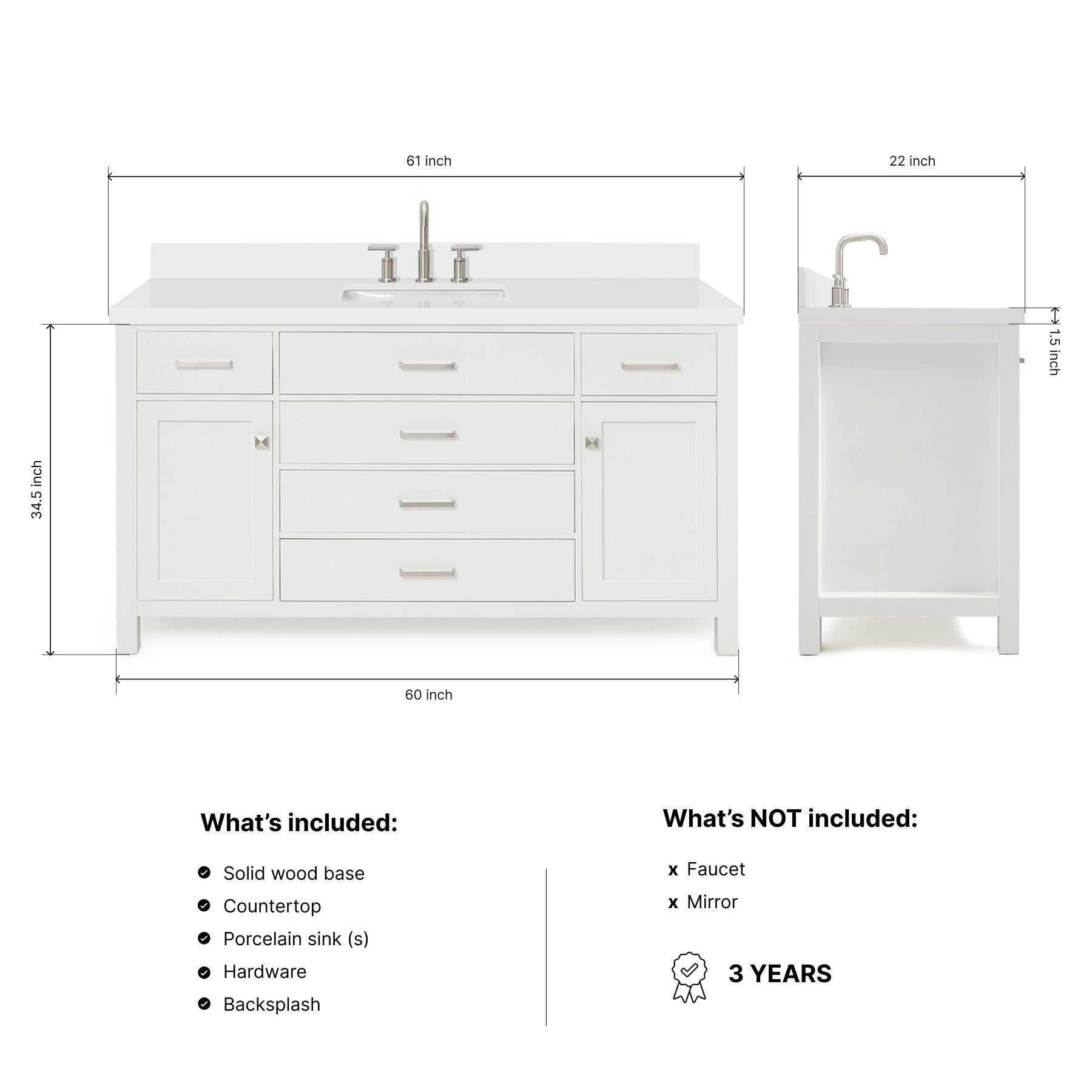 Alenza 60-inch White bathroom vanity on dimensions