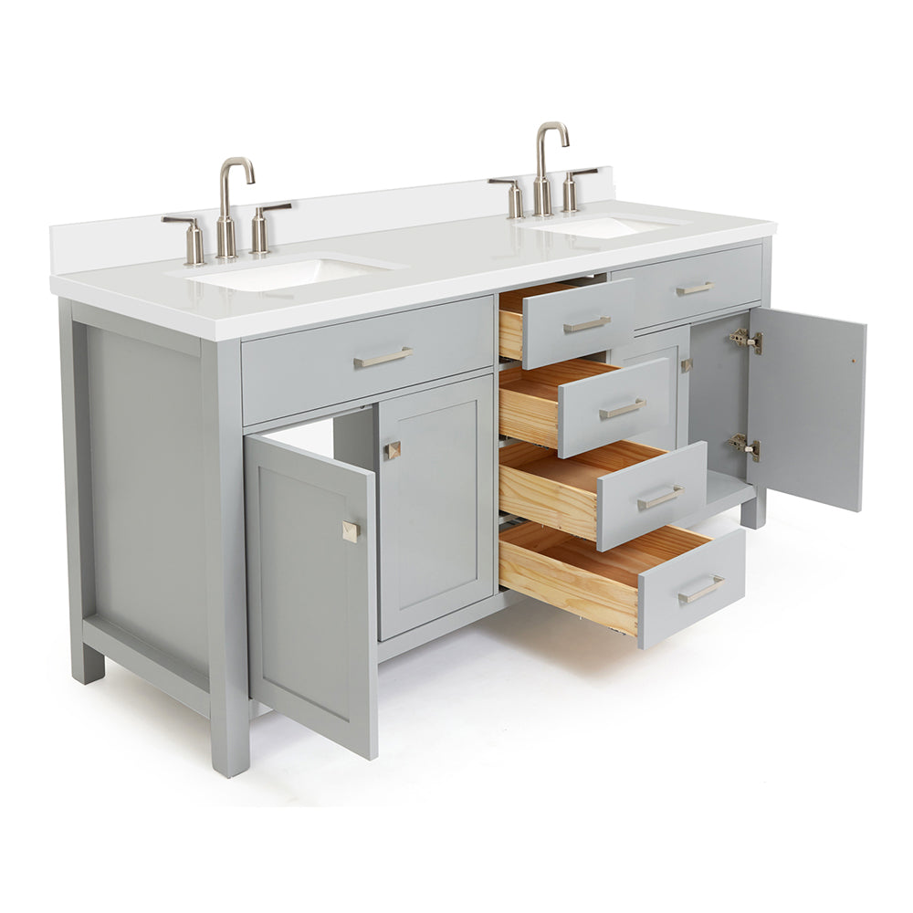 Alenza 72-inch Grey bathroom vanity on white back ground side view open door