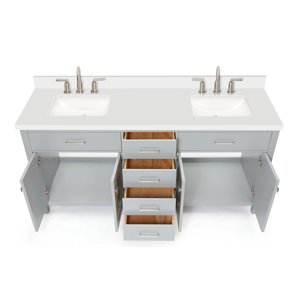 Alenza 72-inch Grey bathroom vanity on white back ground front view open door