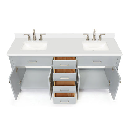 Alenza 72-inch Grey bathroom vanity on white back ground front view open door