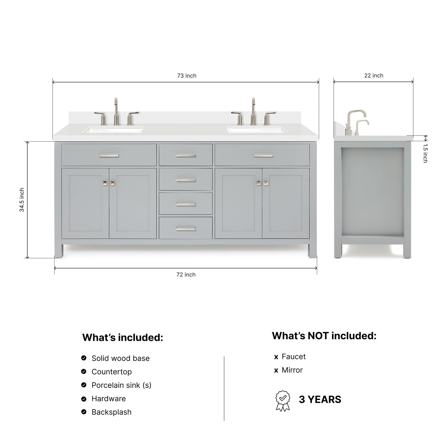 Alenza 72-inch Grey bathroom vanity on dimensions