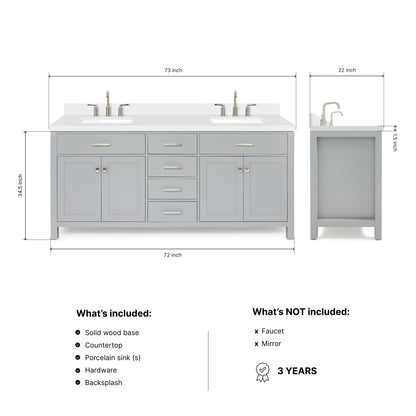 Alenza 72-inch Grey bathroom vanity on dimensions