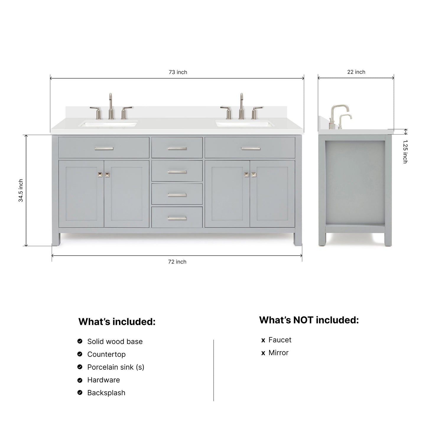 Alenza 72-inch Grey bathroom vanity on dimensions
