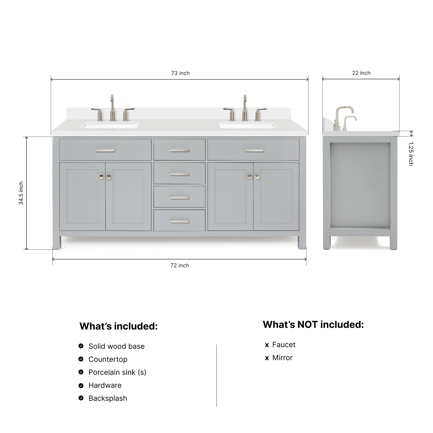 Alenza 72-inch Grey bathroom vanity on dimensions