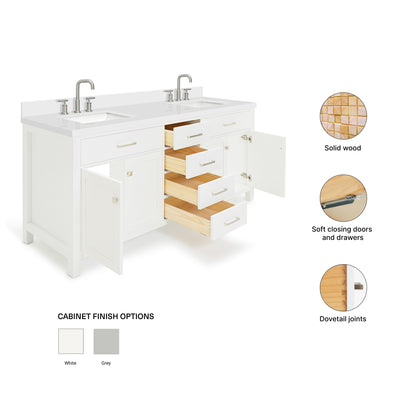 Alenza 72-inch White bathroom vanity on feature highlights: solid wood frame, soft-close doors and drawers, Sherwin-Williams paint finish