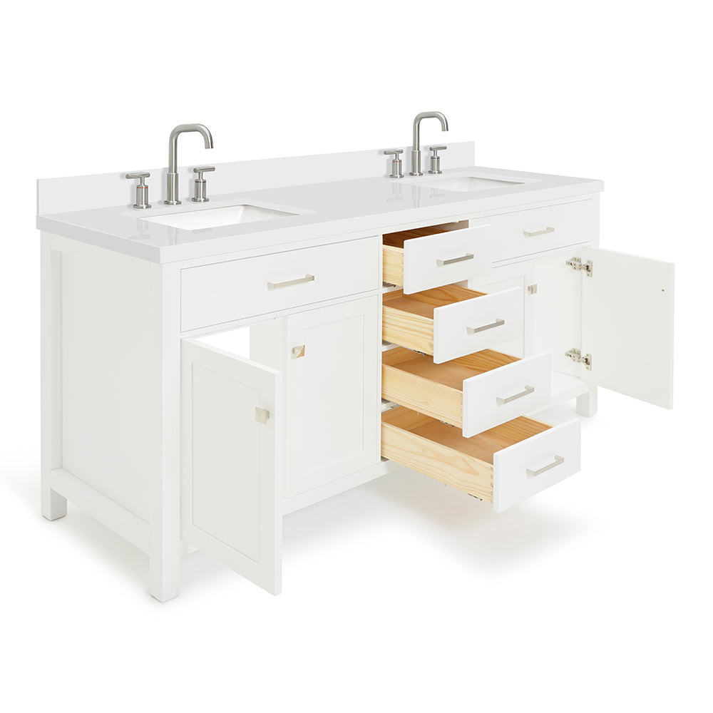Alenza 72-inch White bathroom vanity on white back ground side view open door