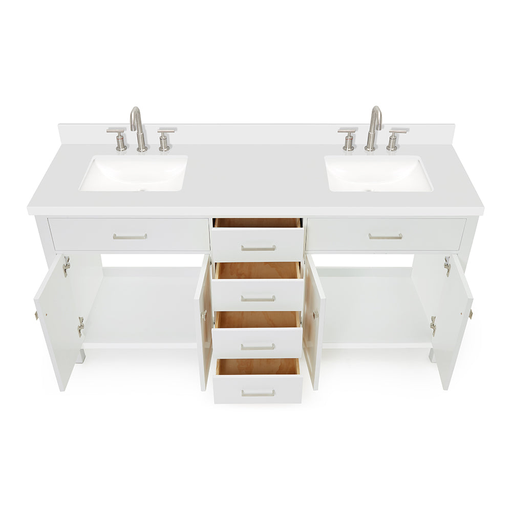 Alenza 72-inch White bathroom vanity on white back ground front view open door