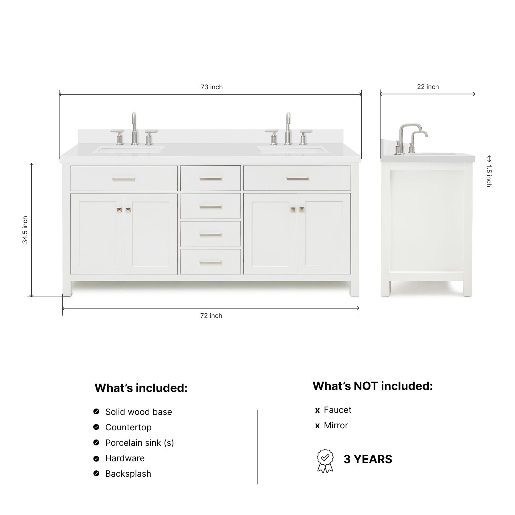 Alenza 72-inch White bathroom vanity on dimensions