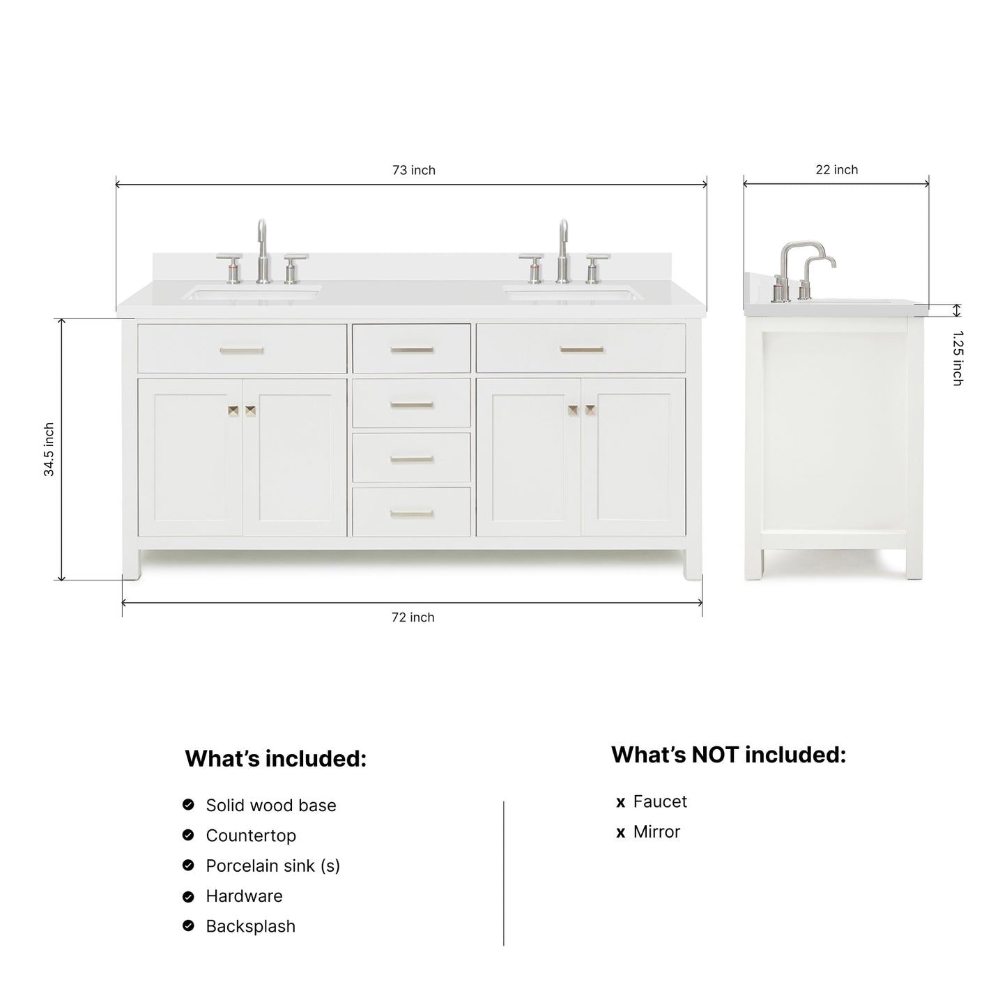 Alenza 72-inch White bathroom vanity on dimensions