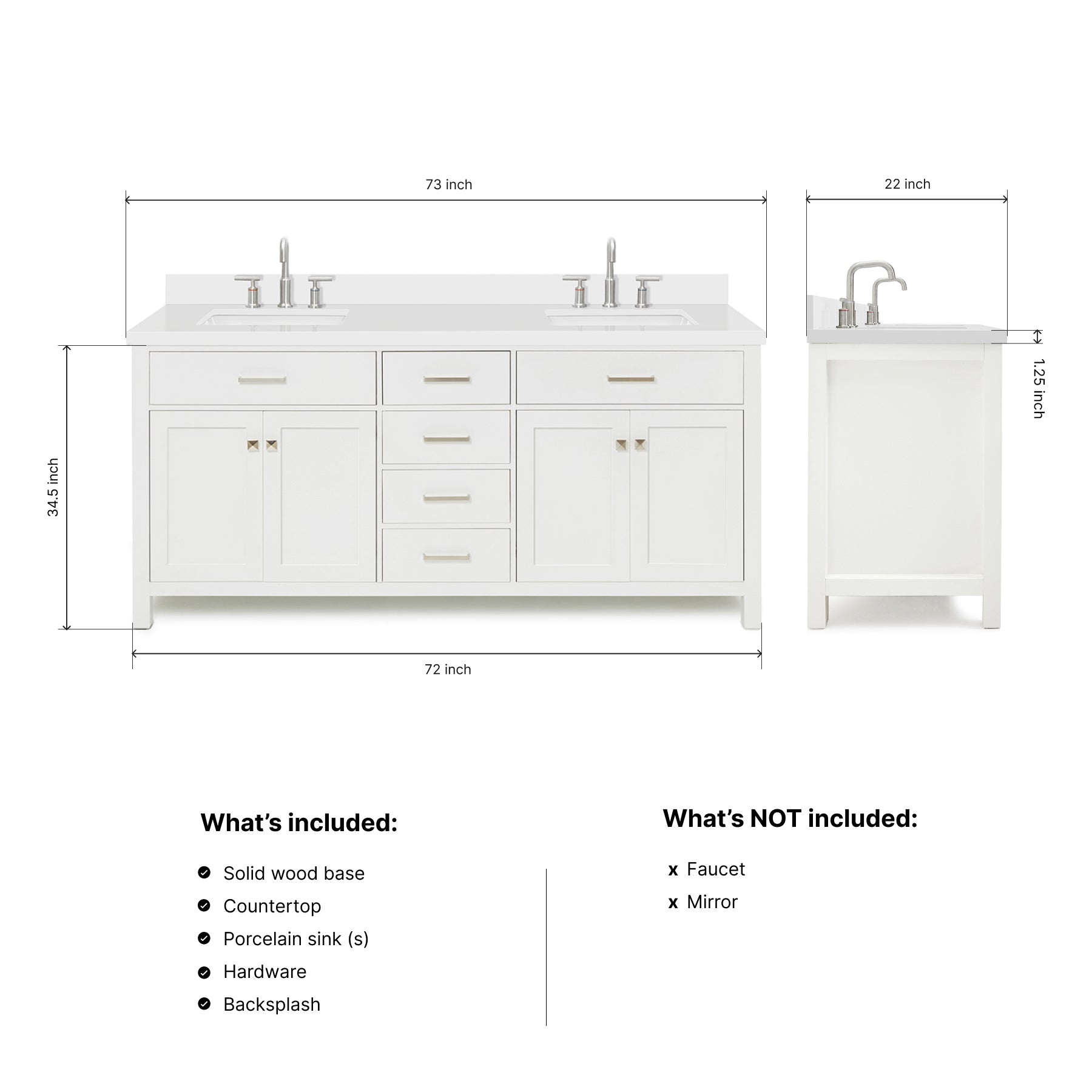 Alenza 72-inch White bathroom vanity on dimensions