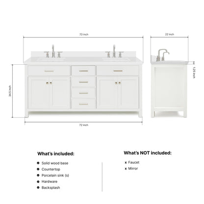 Alenza 72-inch White bathroom vanity on dimensions