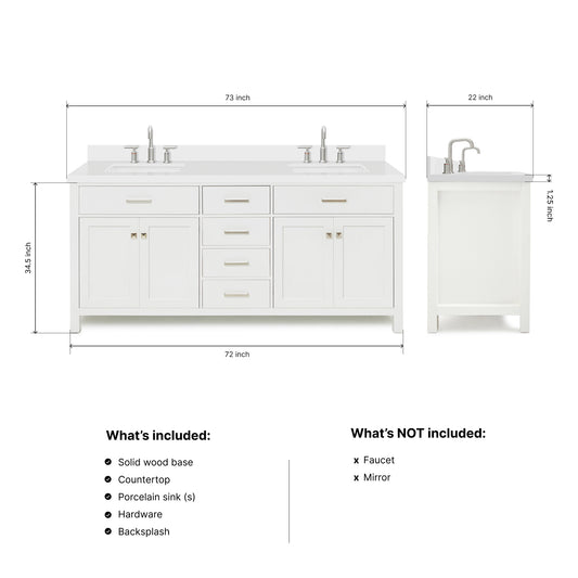 Alenza 72-inch White bathroom vanity on dimensions