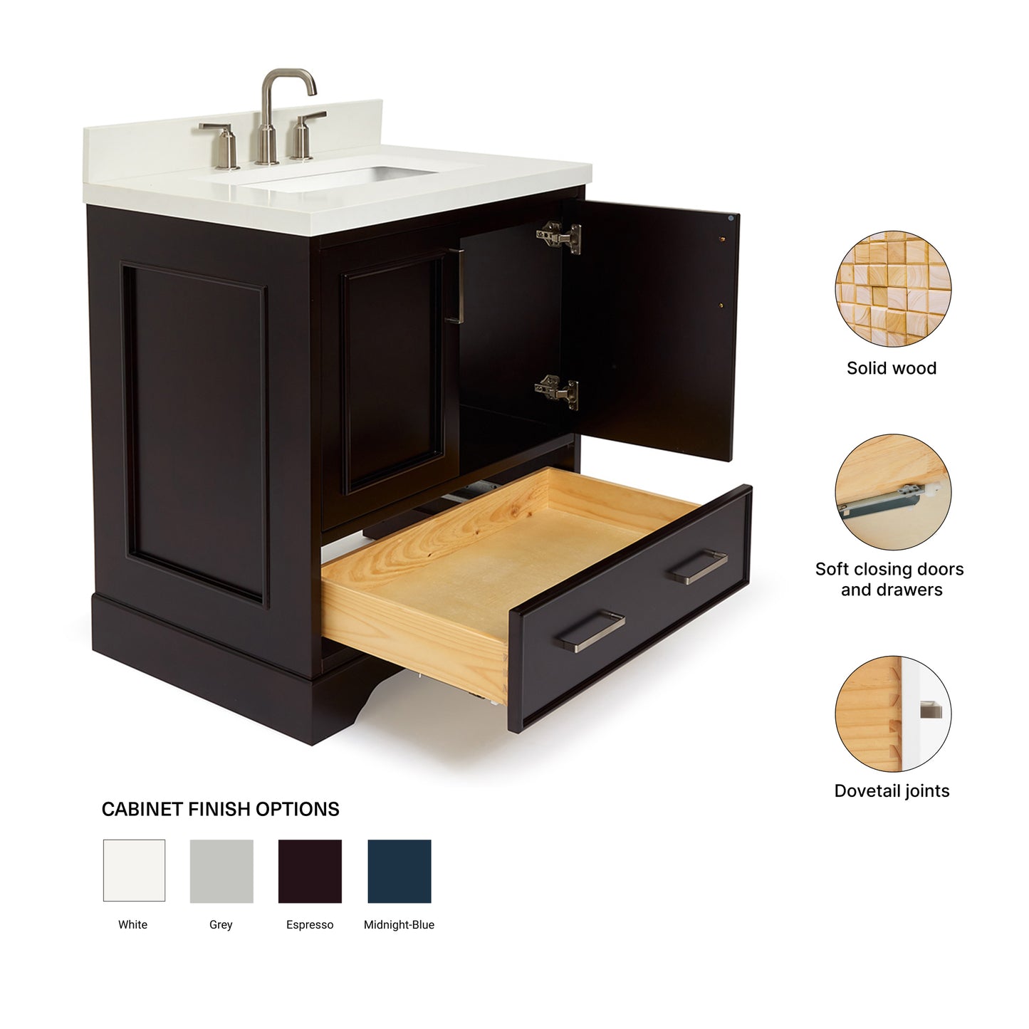 Langford 30-inch Espresso bathroom vanity on feature highlights: solid wood frame, soft-close doors and drawers, Sherwin-Williams paint finish
