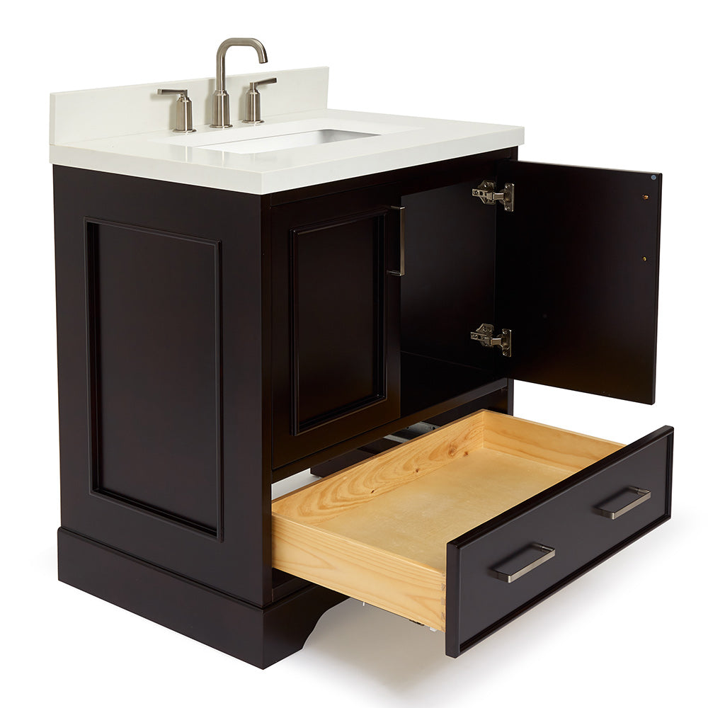 Langford 30-inch Espresso bathroom vanity on white back ground side view open door