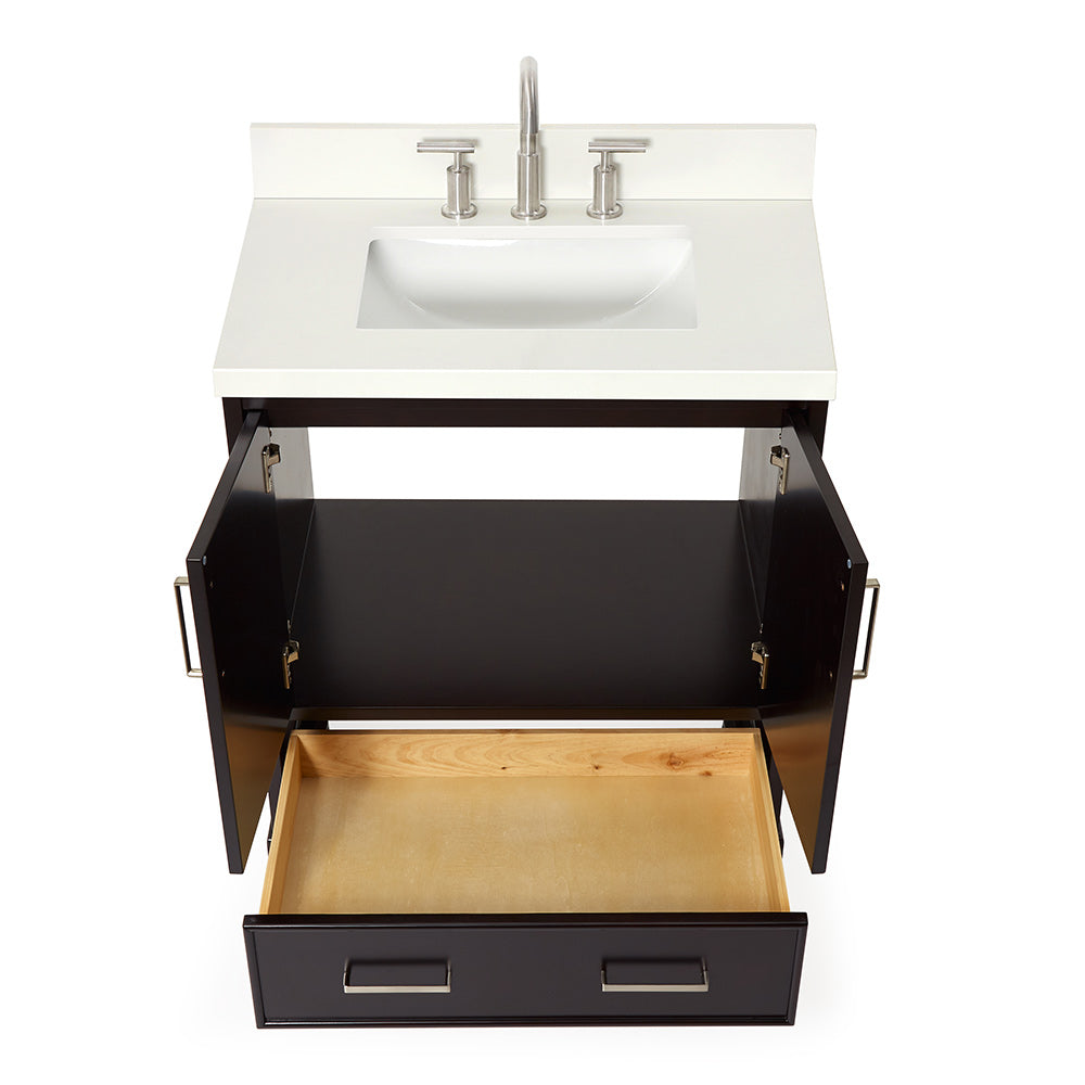Langford 30-inch Espresso bathroom vanity on white back ground front view open door
