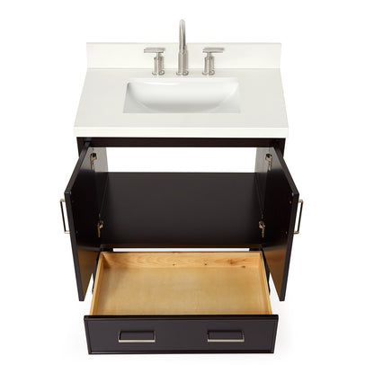 Langford 30-inch Espresso bathroom vanity on white back ground front view open door