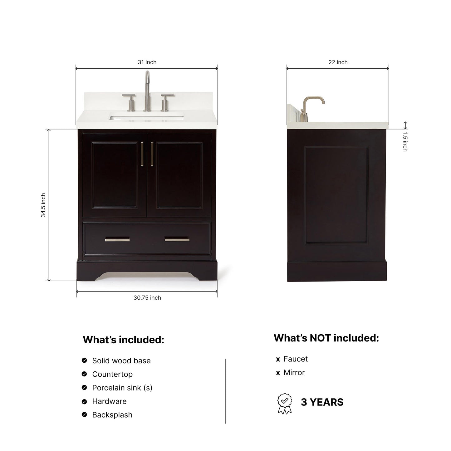 Langford 30-inch Espresso bathroom vanity on dimensions
