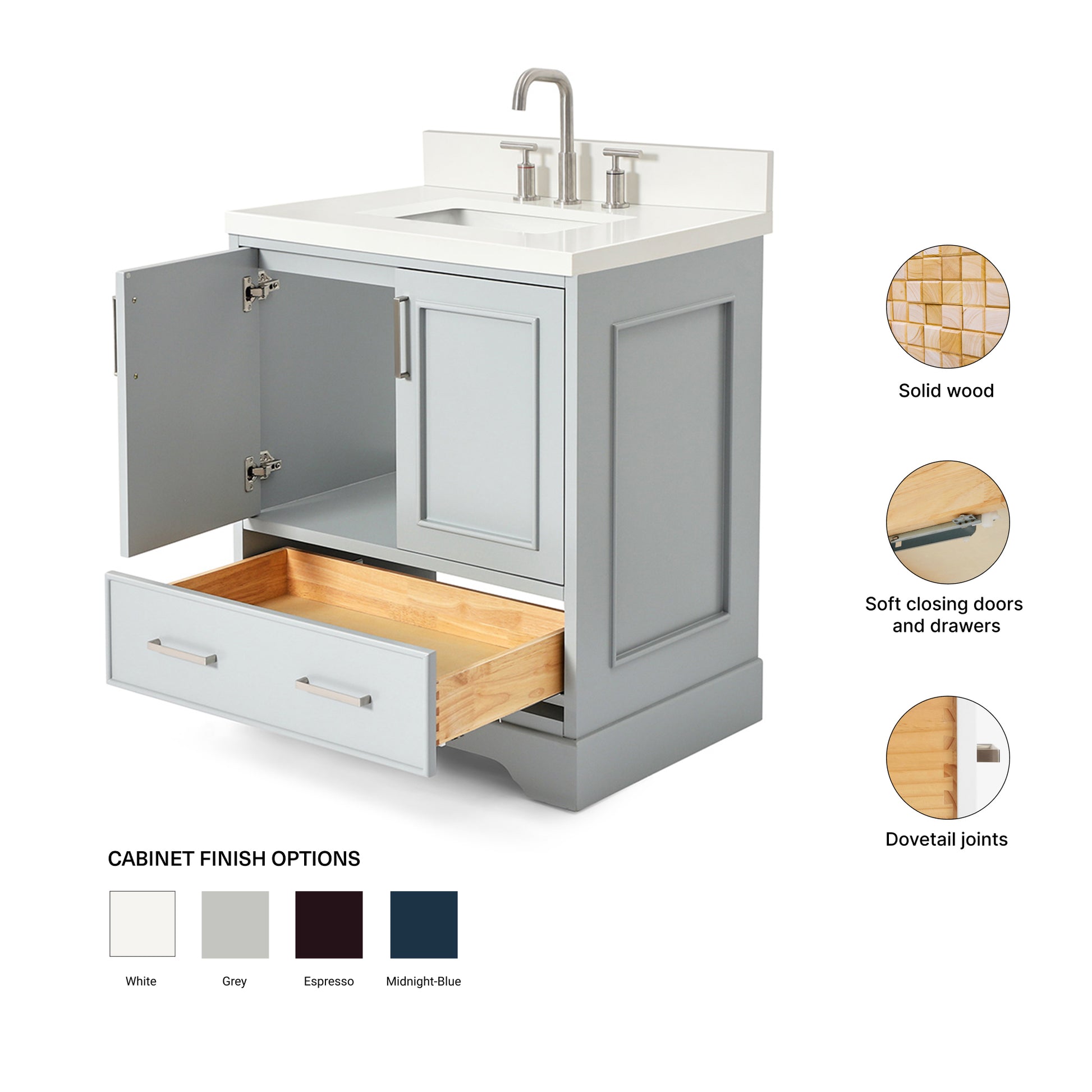 Langford 30-inch Grey bathroom vanity on feature highlights: solid wood frame, soft-close doors and drawers, Sherwin-Williams paint finish