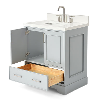 Langford 30-inch Grey bathroom vanity on white back ground side view open door