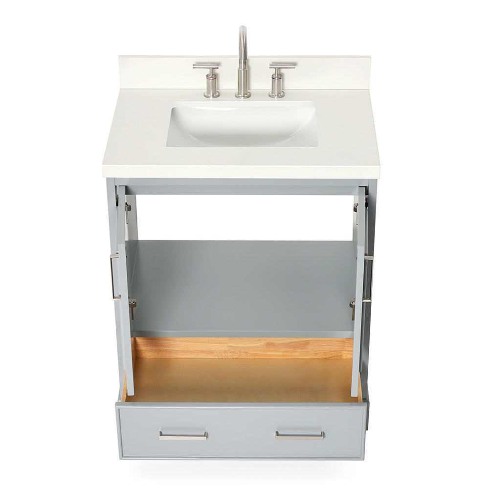 Langford 30-inch Grey bathroom vanity on white back ground front view open door