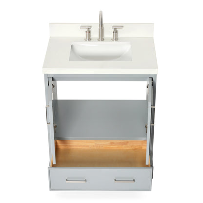 Langford 30-inch Grey bathroom vanity on white back ground front view open door