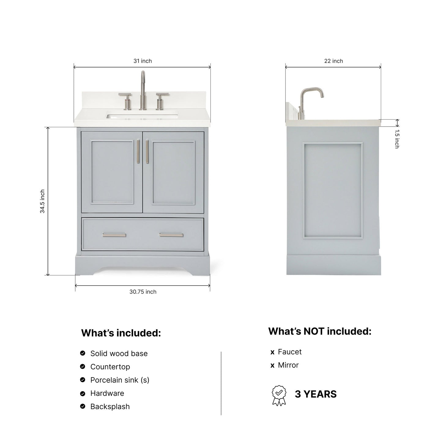 Langford 30-inch Grey bathroom vanity on dimensions