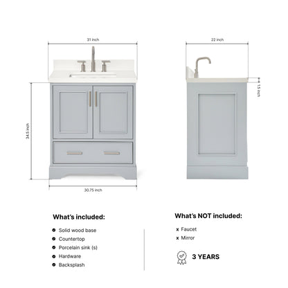 Langford 30-inch Grey bathroom vanity on dimensions