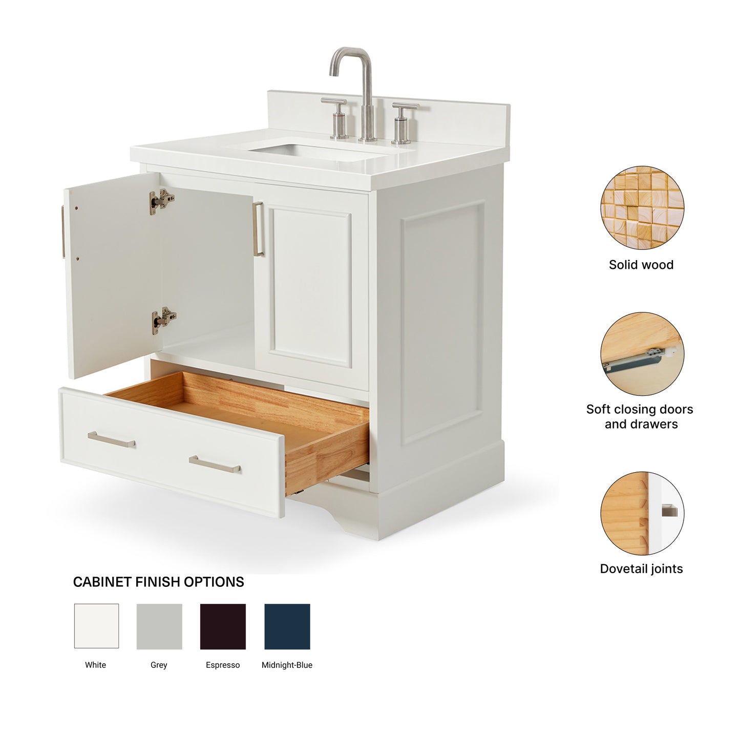 Langford 30-inch White bathroom vanity on feature highlights: solid wood frame, soft-close doors and drawers, Sherwin-Williams paint finish