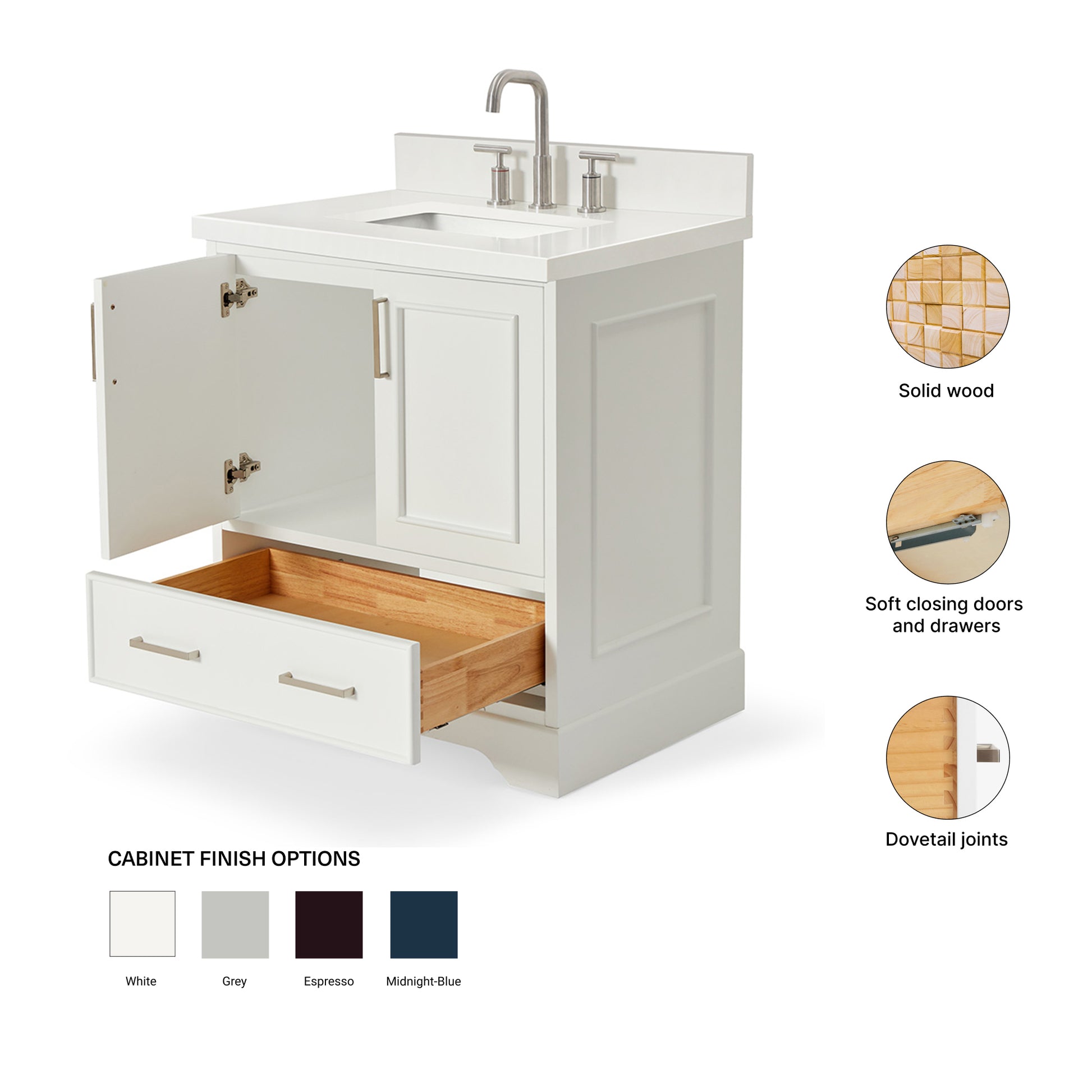 Langford 30-inch White bathroom vanity on feature highlights: solid wood frame, soft-close doors and drawers, Sherwin-Williams paint finish